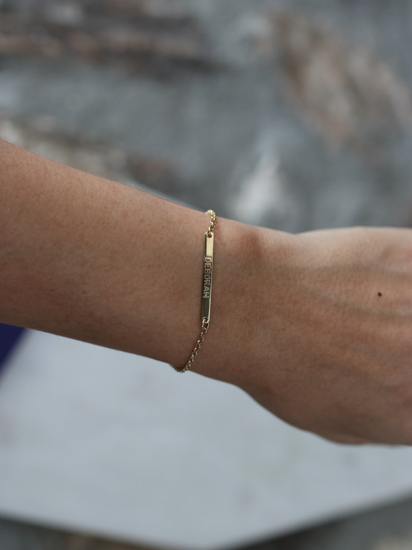 oNecklace Personalized Skinny Bar Bracelet on Wrist