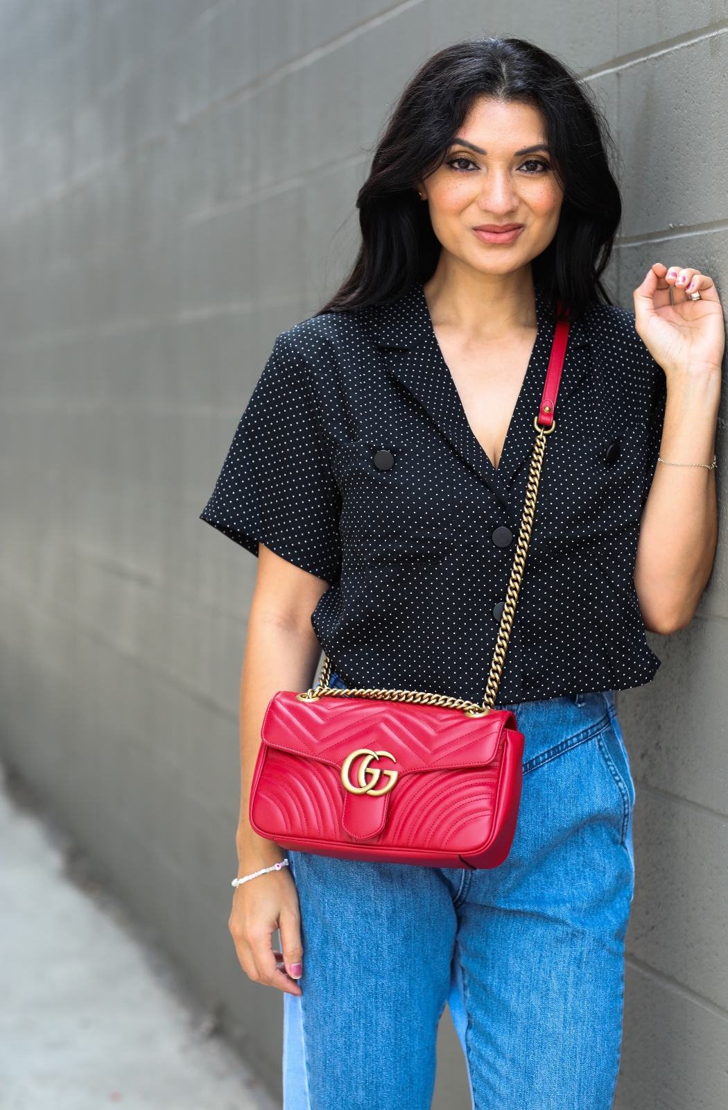 Debbie Savage Orange County California Fashion Blogger Calfskin Matelasse Small GG Marmont Shoulder Bag Hibiscus Red