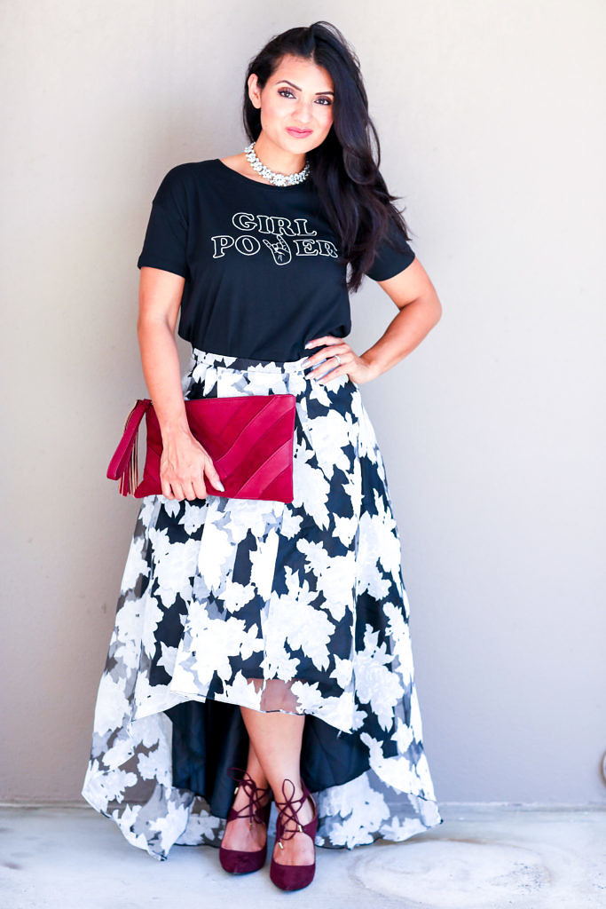Printed T-Shirt and Floral Skirt Outfit