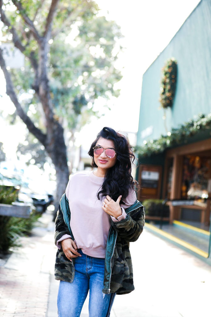 Debbie Savage | Fashion and Lifestyle Blog | TOBI Camo Jacket, Ruffled Sweatshirt, and Cropped Jeans