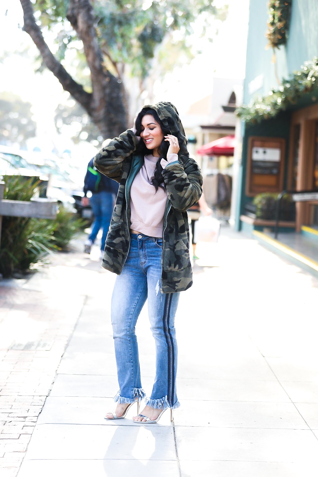 Debbie Savage | Fashion and Lifestyle Blog | TOBI Camo Jacket, Ruffled Sweatshirt, and Cropped Jeans