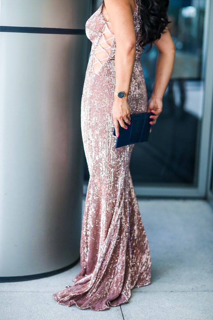 Sequin Maxi Dress. Rose Gold Bodycon Maxi Dress from Pretty Missy. - Sequin Maxi Dress. Rose Gold Bodycon Maxi Dress from Pretty Missy by popular Orange County fashion blogger To Thine Own Style Be True