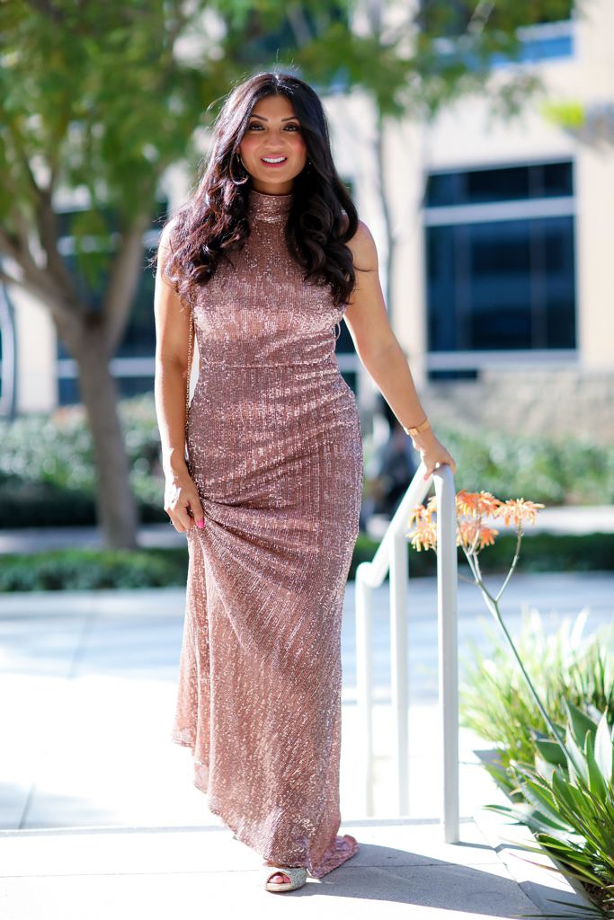 Sequin Maxi Dress. Rose Gold Bodycon Maxi Dress from Pretty Missy by popular Orange County fashion blogger To Thine Own Style Be True