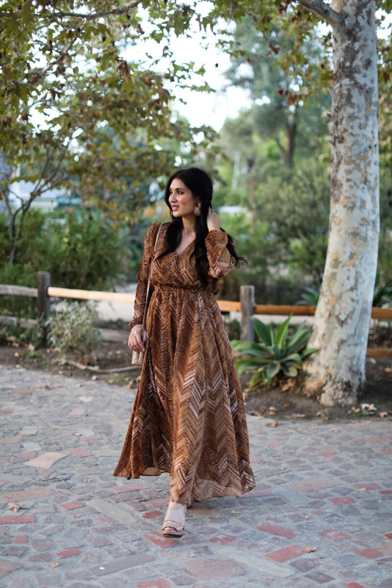 Debbie Savage Orange County California Fashion Blogger Adyson Parker V-Neck Long Sleeve Print Dress Brown Dresses for Fall