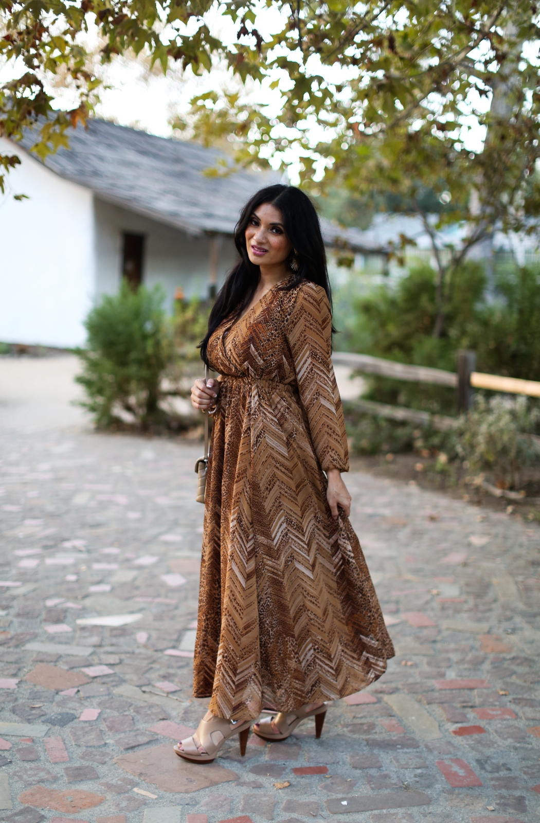 Debbie Savage Orange County California Fashion Blogger Adyson Parker V-Neck Long Sleeve Print Dress Brown Dresses for Fall 