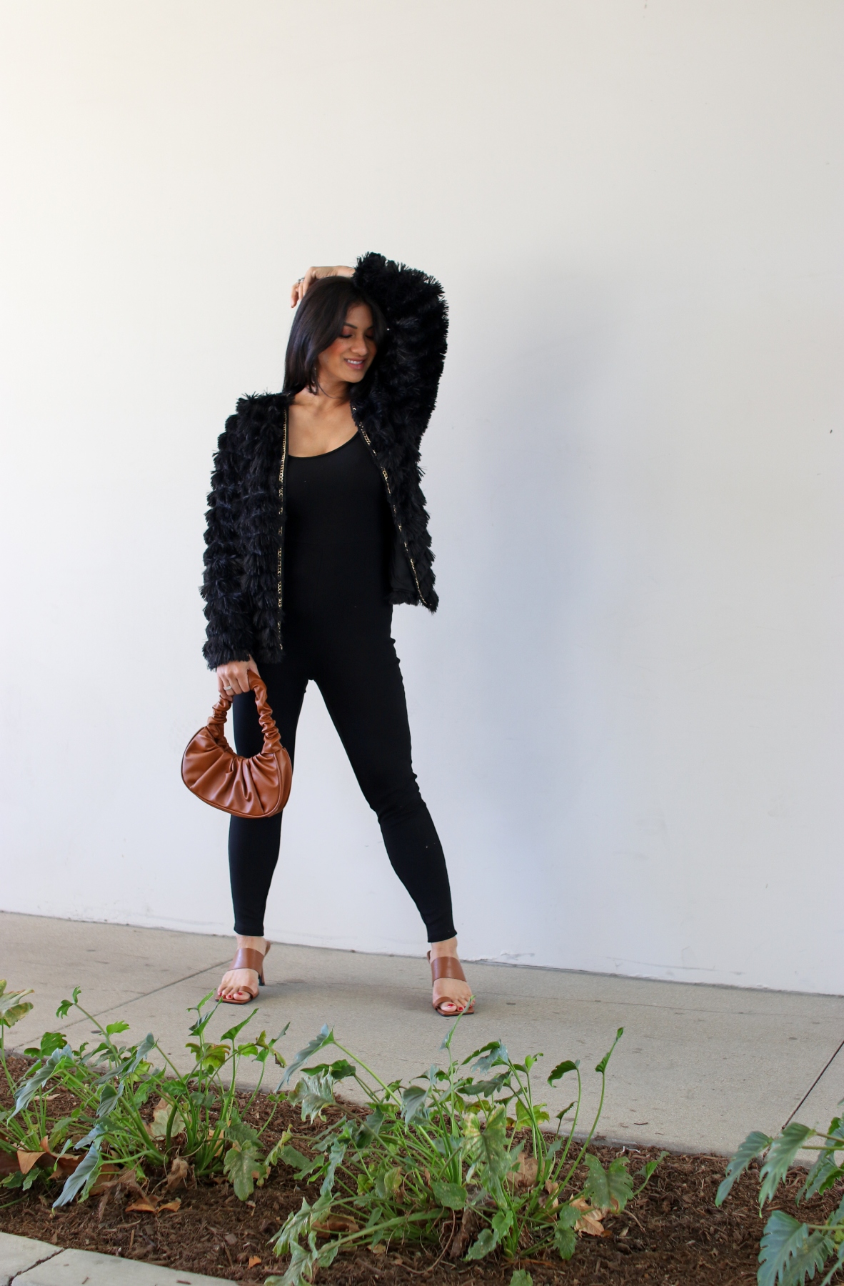 Trends to Try: Shaggy Faux Fur Jacket + Black Jumpsuit