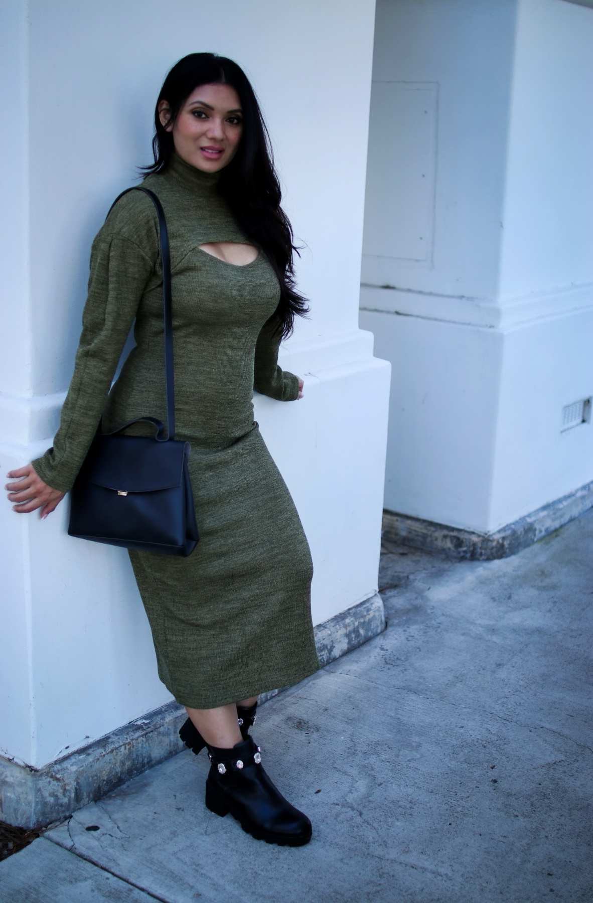 Army Green Crop Top With Sweater Dress