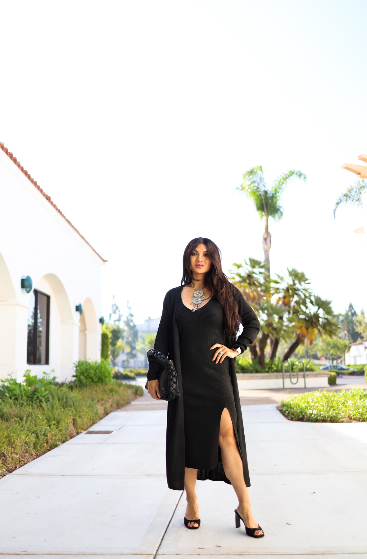 Strappy Black Midi Dress, Black Long Duster Cardigan Orange County Fashion Blogger Debbie Savage 