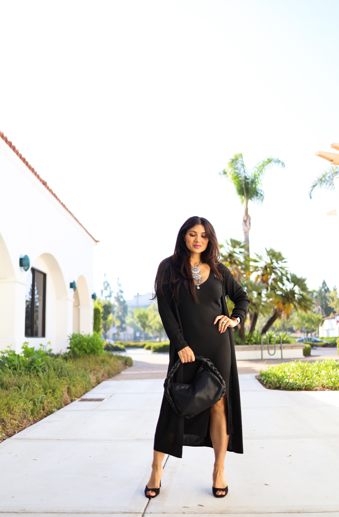 Strappy Black Midi Dress, Black Long Duster Cardigan Orange County Fashion Blogger Debbie Savage
